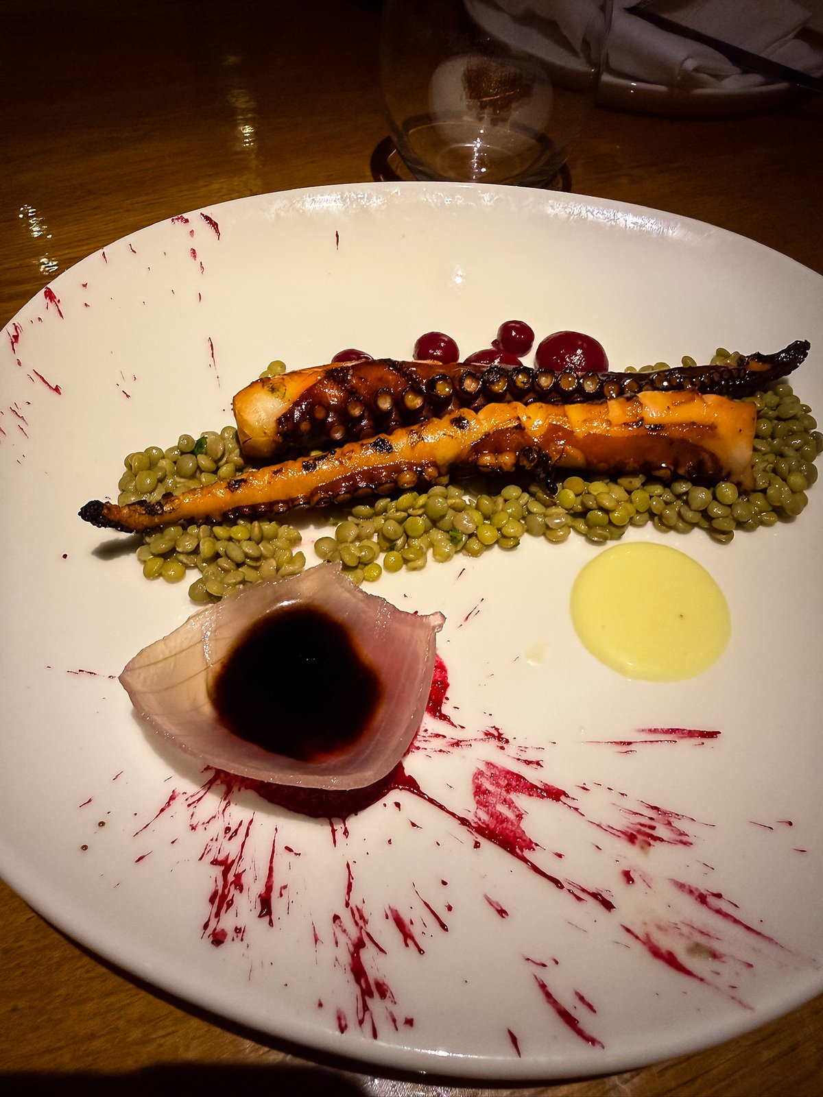 Plated grilled octopus tentacle over a bed of green lentils, with a wine-dark sauce and a dab of aioli, on a white plate